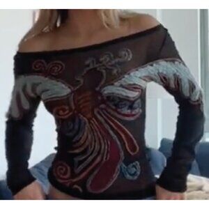 save the queen mesh embroidered pheonix top